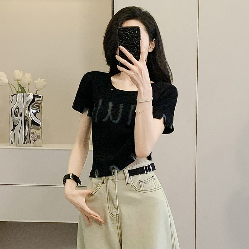 破洞喷漆手绘短袖针织衫女夏季