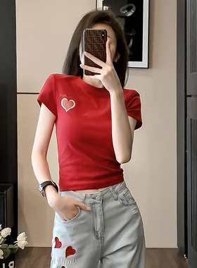爱心红色紧身短款露脐短袖t恤女夏季高腰修身显瘦辣妹半袖衫上衣