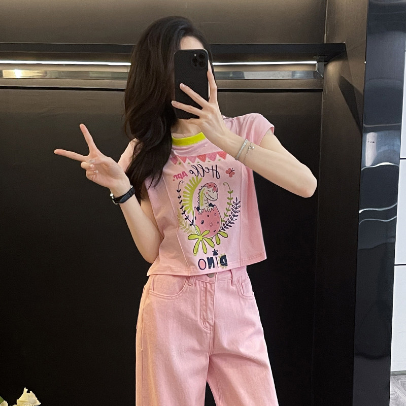 拼色开叉短款t恤女短袖夏季