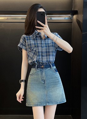 港风复古蓝色格子polo领衬衫女短袖夏季减龄薄款休闲宽松衬衣上衣