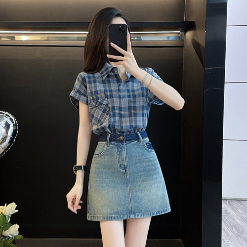 港风蓝色格子POLO领衬衫女短袖