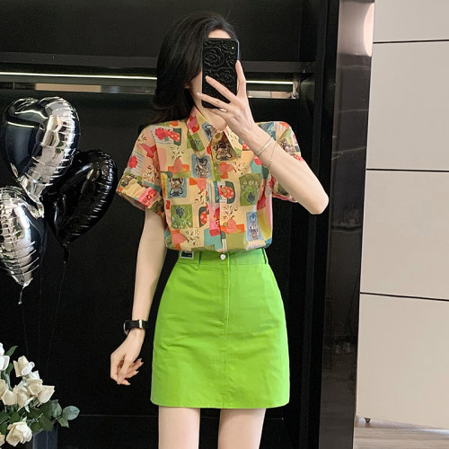 港风复古印花短袖衬衫女夏季衬衣