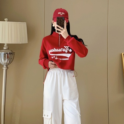 立领半拉链短款抽绳长袖t恤女