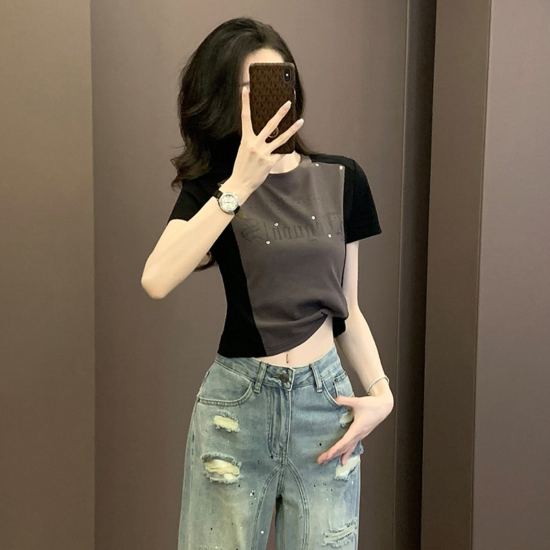 撞色拼接短款t恤女短袖夏季新款正肩修身显瘦辣妹百搭半袖衫上衣