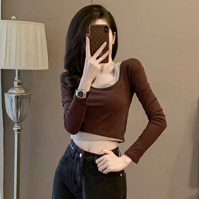 撞色假俩件紧身短款长袖t恤女