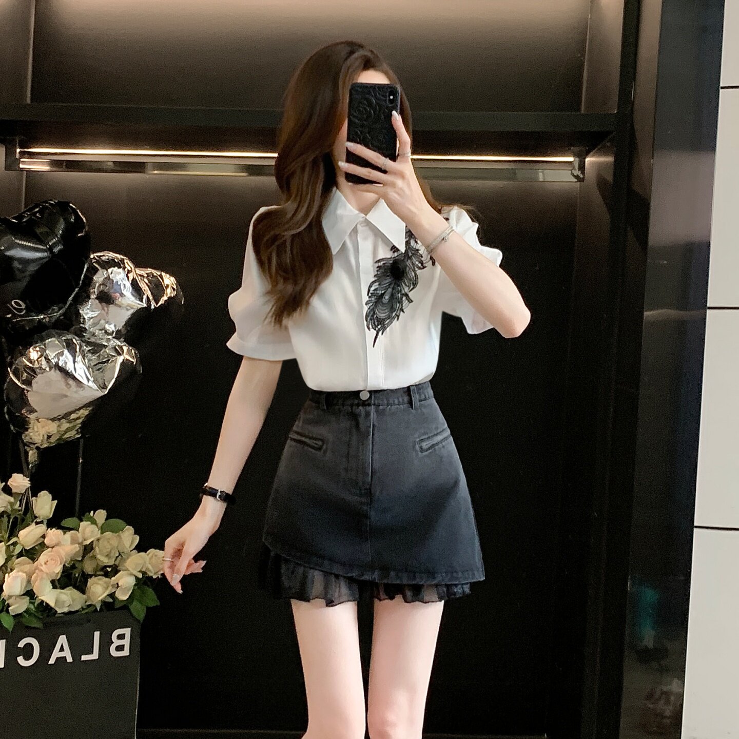 翻领蕾丝羽毛撞色短袖衬衫女夏季