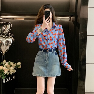 女春秋季 时尚 碎花翻领长袖 衬衫 休闲气质休闲宽松显瘦衬衣上衣 新款