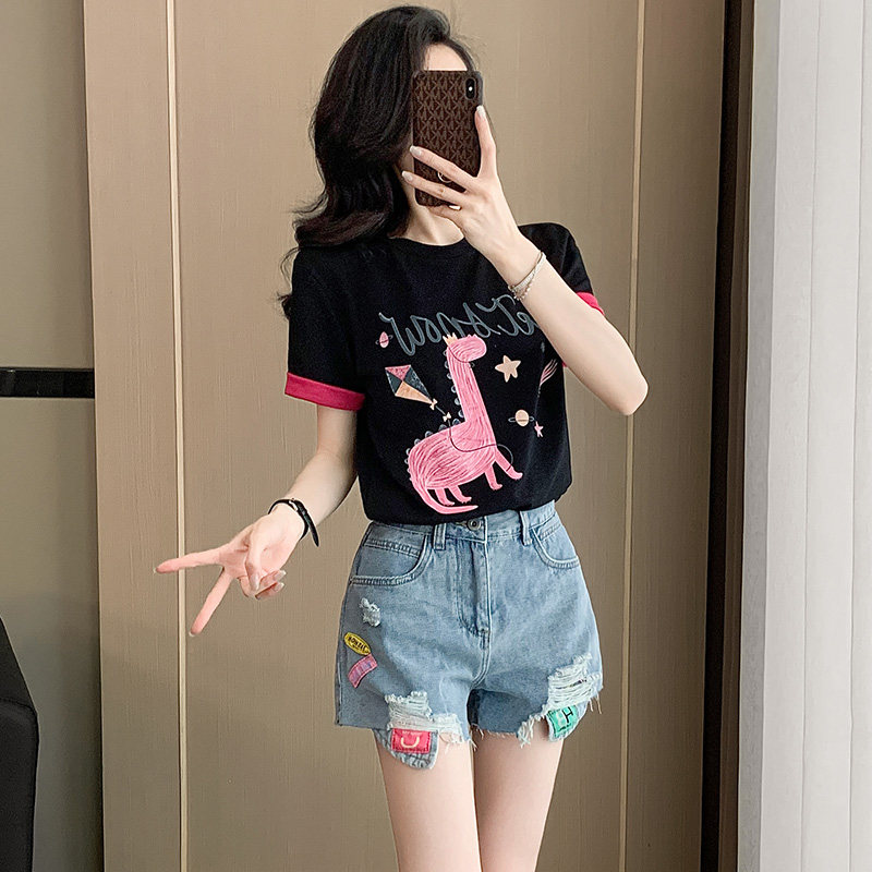 卡通印花撞色短款T恤女短袖夏季