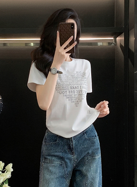 烫钻印花白色短袖t恤女夏季新款设计感正肩宽松百搭短款半袖上衣