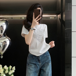 烫钻印花白色短袖t恤女夏季新款设计感正肩宽松百搭短款半袖上衣