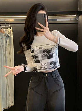 露脐紧身短款印花长袖t恤女秋季