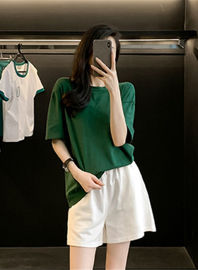 纯色圆领短袖t恤女夏季新款简约休闲宽松百搭墨绿色半袖衫上衣潮
