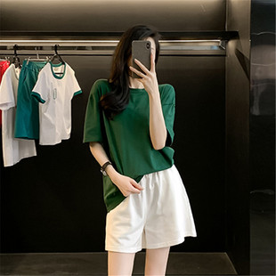 简约休闲宽松百搭墨绿色半袖 纯色圆领短袖 t恤女夏季 新款 上衣潮 衫