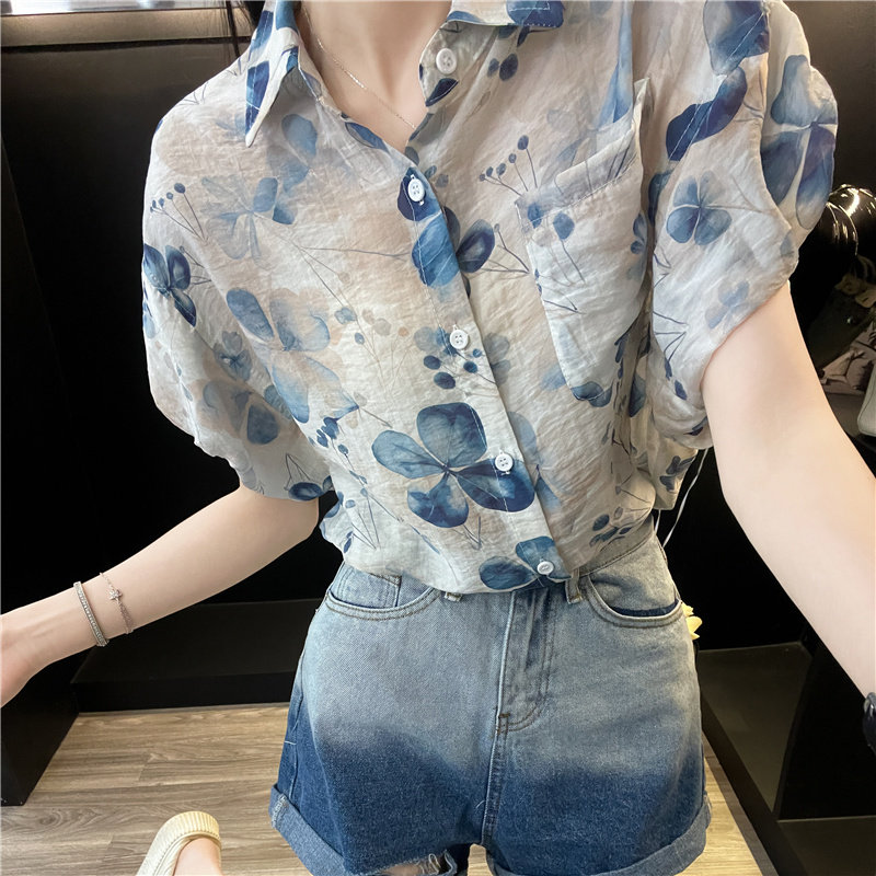 水墨印花短款雪纺衬衣衫女夏季