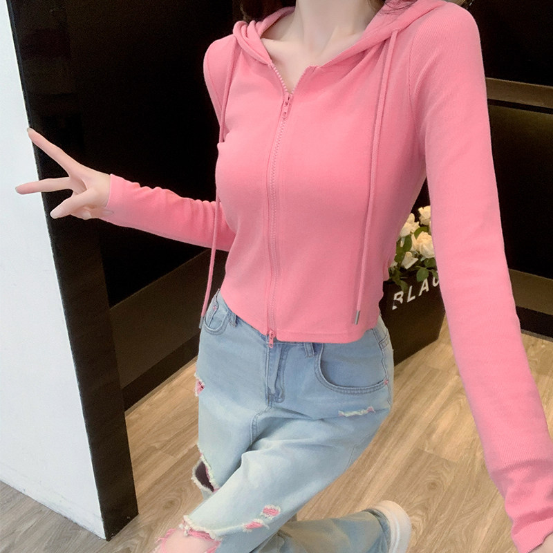 连帽紧身短款拉链长袖外套女春秋季新款简约纯色修身显瘦开衫上衣