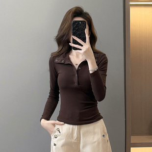 休闲修身 翻领纽扣正肩长袖 T恤女春秋季 新款 上衣潮 显瘦百搭打底衫