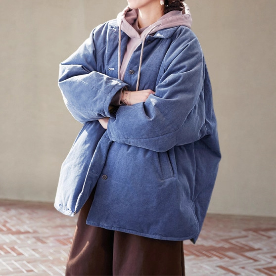 秋冬加棉蓝色棉衣保暖宽松翻领羽绒服夹棉衬衫式灯芯绒棉服B1027