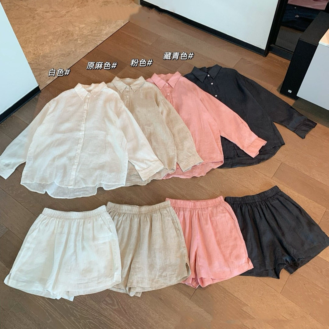 夏季新款女士日常休闲翻领百搭纯亚麻老钱风衬衫短裤套装