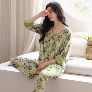 中国风宽松中年家居服夏薄款 新款 绿色妈妈纯棉睡衣女春秋七分半袖
