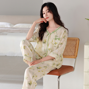新薄款睡衣女春夏七分袖长裤天丝麻棉宽松大码中年妈妈绿色家居服