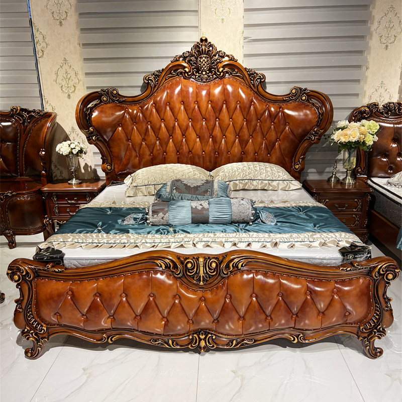 美式立体雕花欧式复古别墅大款实木真皮卧室床深棕色1 8米法式床