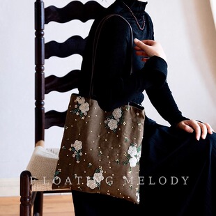 浮月笙·复古秋日重磅珠绣可露丽 时髦通勤单肩大牛仔托特包电脑
