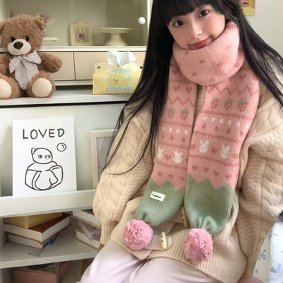 星月豚骨原创“粉草莓”围巾毛球费尔岛双层加厚围脖保暖新年礼物