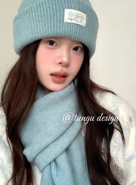 星月豚骨“初恋系列”定制雪花标蓝色含羊毛围巾帽子套装秋冬保暖