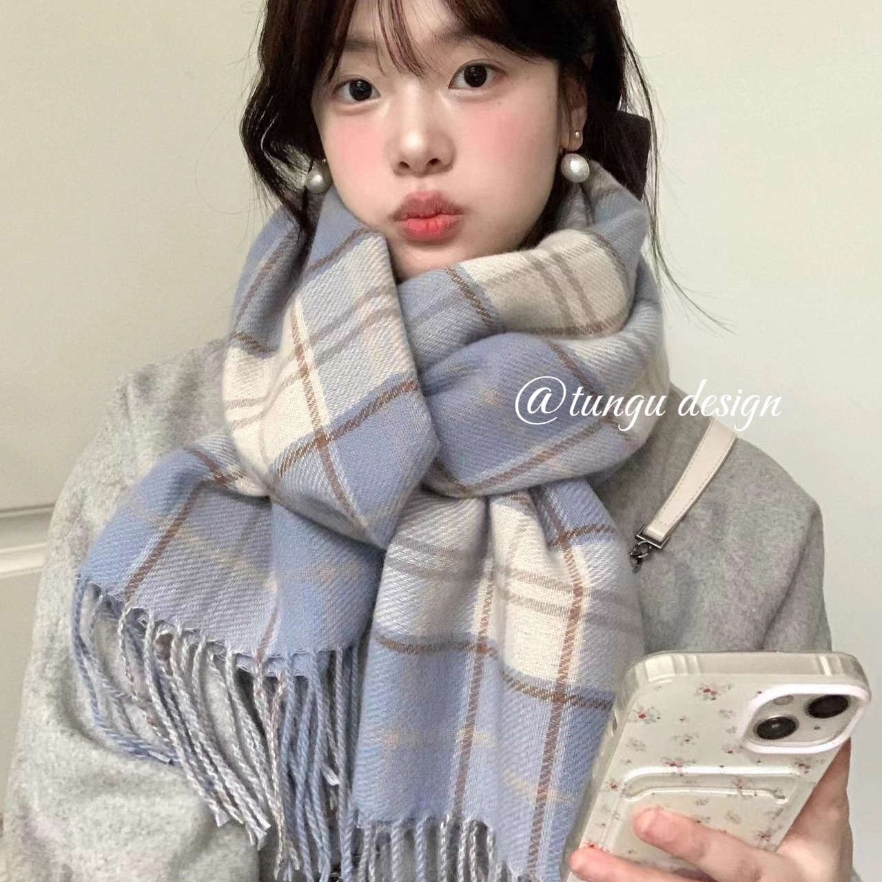 韩系蓝色格子双面围巾高级感披肩