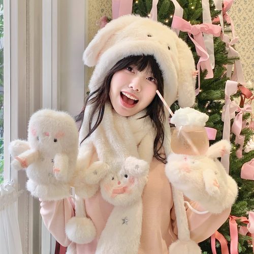 可爱毛绒小兔保暖围巾帽子手套