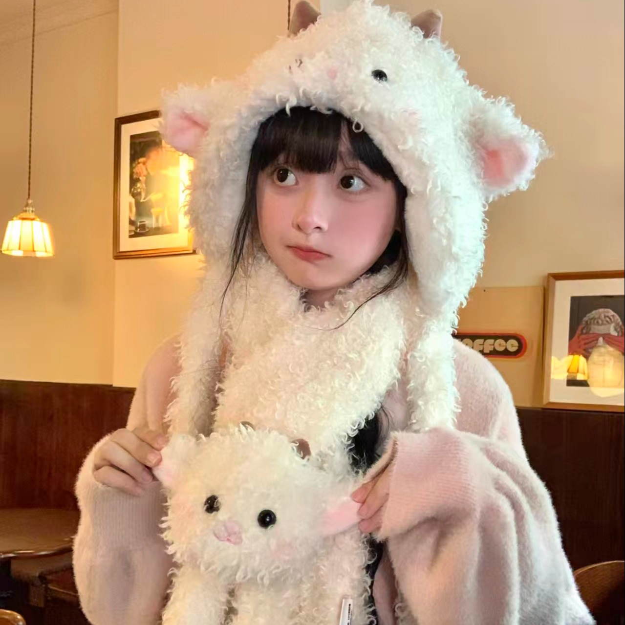 星月豚骨正版联名甜梦小羊毛绒帽子套装围巾礼物可爱保暖围脖女冬