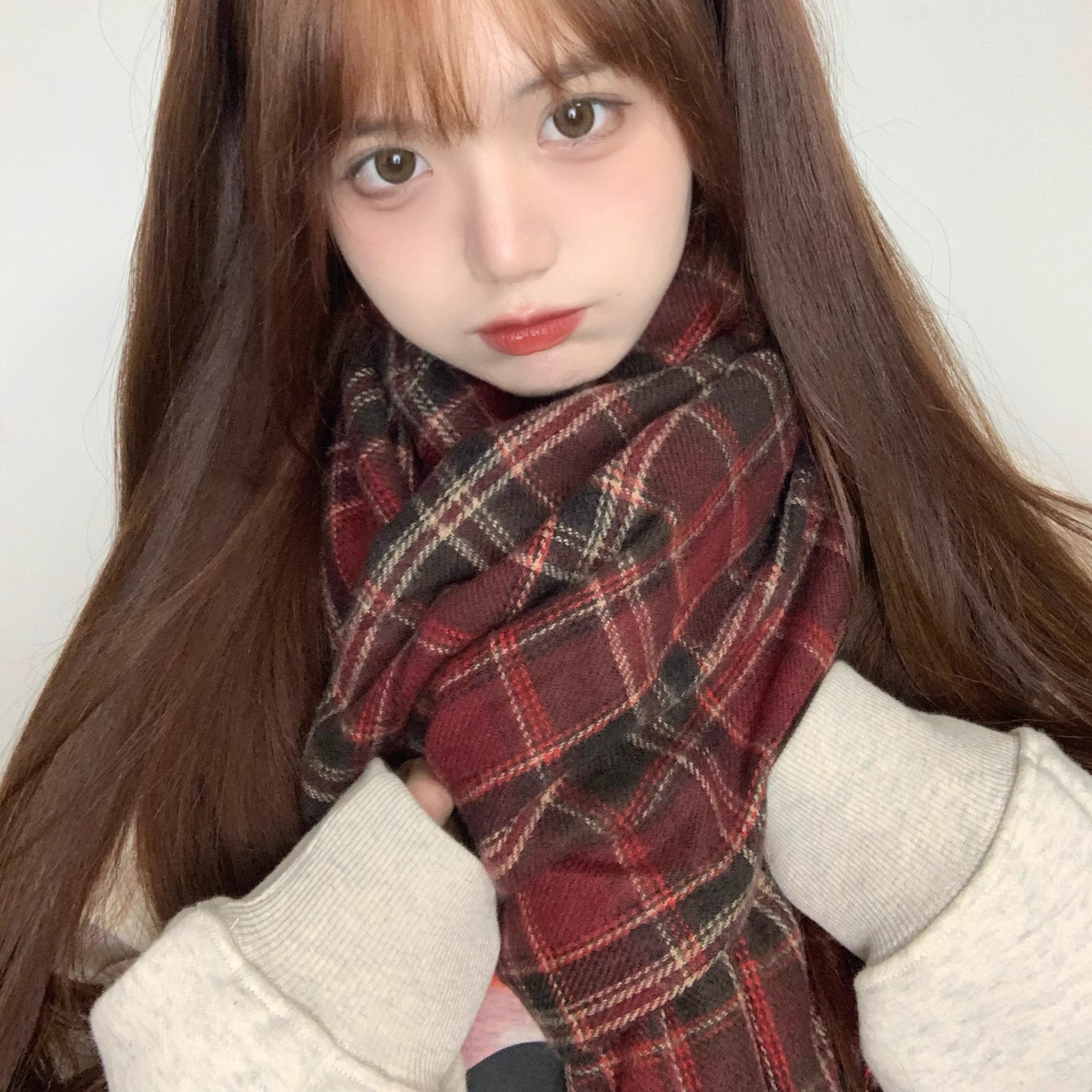 复古显白红色格子围巾新年百搭冬