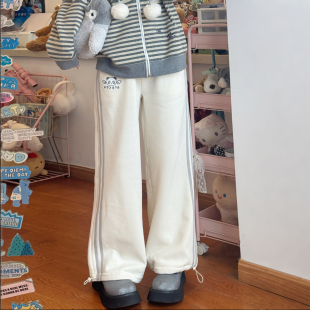 米色宅萌加绒运动长裤 原创刺绣百搭卫裤 秋冬 蚊香熊猫 星月豚骨