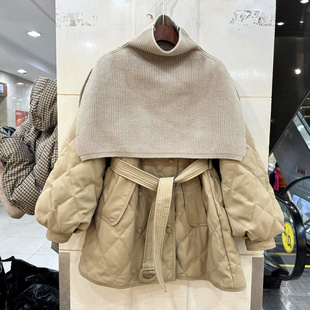 263161 针织高领斗篷披肩束口灯笼袖双排扣系带收腰中长羽绒服冬