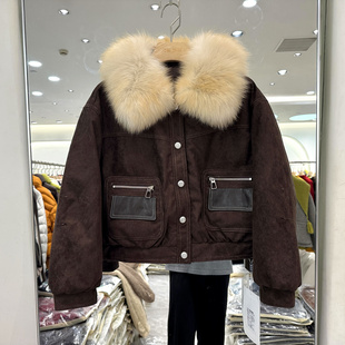 雅琪娜Q103 时尚狐狸毛领大口袋休闲工装麂皮绒羽绒服短外套冬装