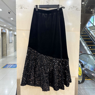 2025松紧高腰斜亮片拼接A字鱼尾丝绒中长半身裙 冬装 Beauty 6339