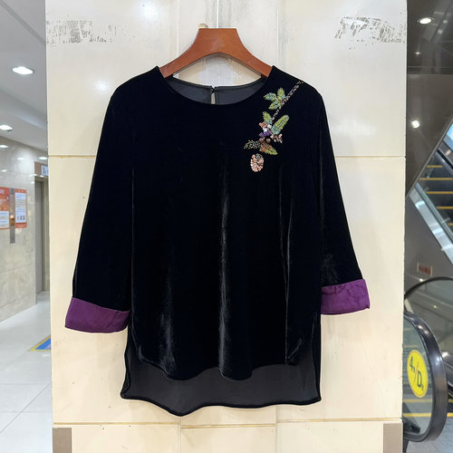 9015刺绣花休闲国风丝绒小衫