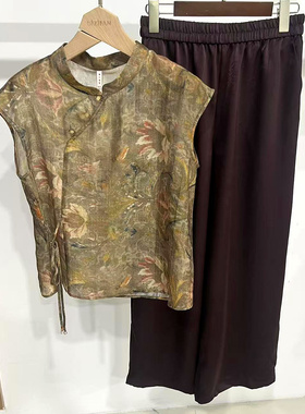 AFY262-T069 侧系带立领提花苎麻无袖衬衣+缎面直筒裤两件套夏装