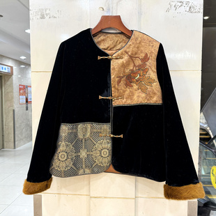 63062 口复古丝绒桑蚕丝棉衣外套秋冬 盘扣圆领刺绣花拼接水貂毛袖