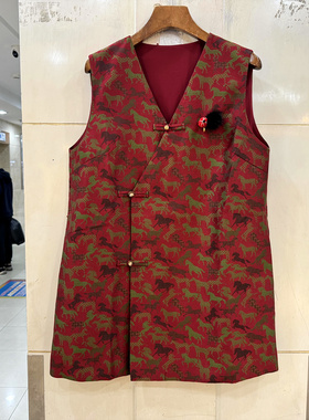 19903-HLS26 不规则斜门禁盘扣V领复古马提花小个中长马甲罩衫春