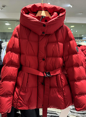 08235 高级感袖标腰带收腰洋气小个一手长连帽羽绒服欧货冬装正品