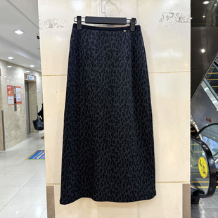 Beauty 贝壳扣松紧高腰后开叉加绒加厚豹纹中长半身裙包裙冬 6301