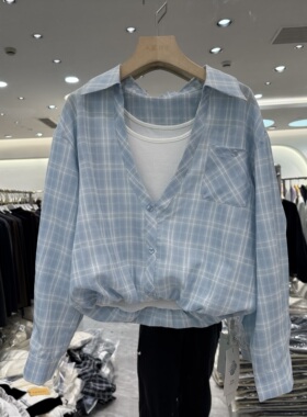 林依芭莎9620 松紧腰翻领学院减龄英伦风格子假两件短衬衫上衣春