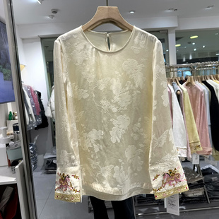 CZ26023 串珠小马刺绣花袖口复古提花圆领国风显瘦衬衫上衣春装女