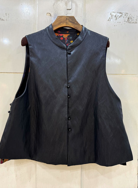 86017 复古人丝提花香云纱珍珠扣立领两面穿皮衣马甲外套欧货秋装