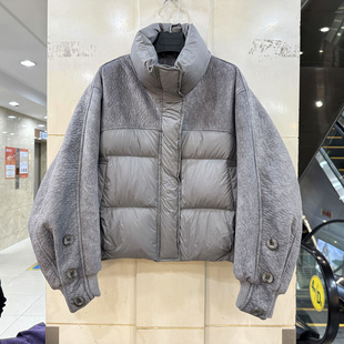 38851 羽绒服欧货冬装 订纽扣拼皮泡泡袖 加厚短装 立领休闲阔版