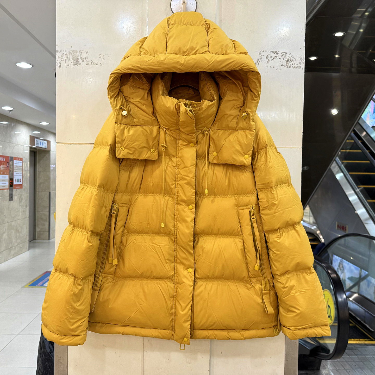 H85628 时尚拉链口袋后抽绳收腰休闲宽松连帽小个羽绒服欧货冬装