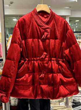 CZ25970 糖果蝴蝶结三粒扣立领抽绳收腰仿醋酸小个中长羽绒服冬装