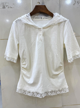 938035 欧货春夏2026时尚蕾丝花边三粒扣连帽皱褶修身短袖T恤上衣