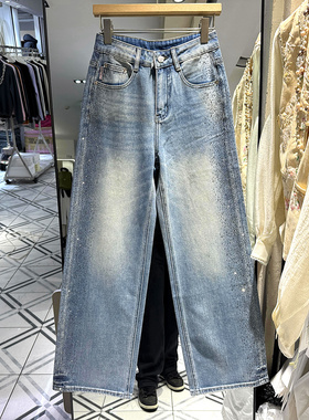 92078 欧货春装2026款时尚高腰两侧满天星烫钻复古窄版牛仔直筒裤